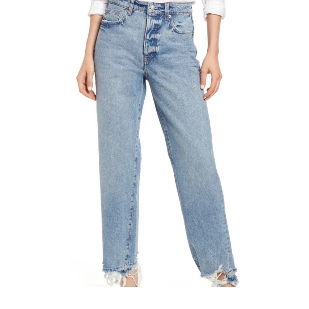 Lovers and Friends Sustainable Denim High Waisted Straight Leg Frayed Hem Jeans